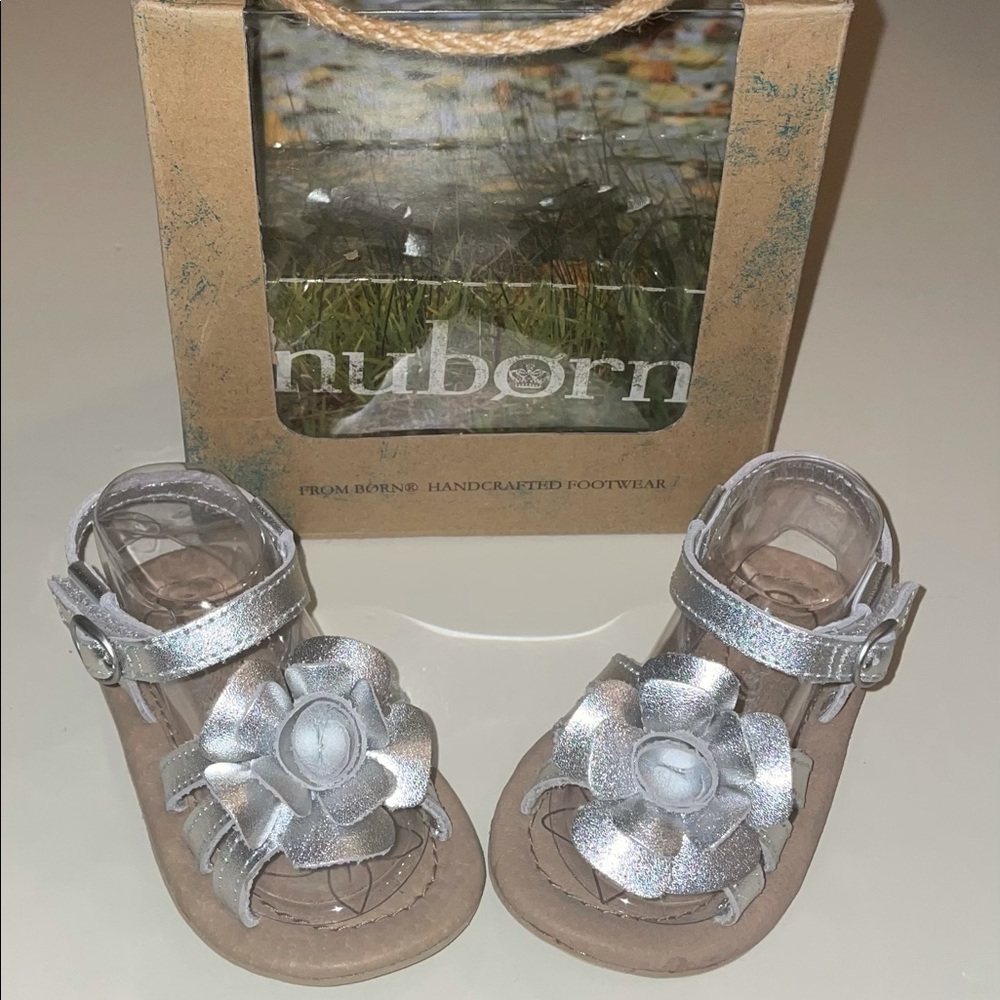 NWT Nuborn from BORN “Little Flower” Metallic Leather Sandals